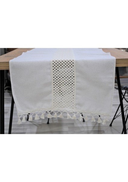 Özel Tasarım Ham Keten Krem Ara Dantelli ve Ponponlu Runner 45 x 150 fırsatları
