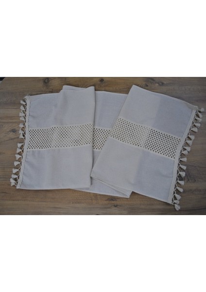 Özel Tasarım Ham Keten Krem Ara Dantelli ve Ponponlu Runner 45 x 150 indirimleri