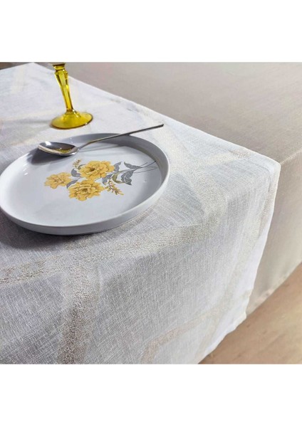 Kahverengi Polyester Masa ÖRTÜSÜ(145*225 Cm) ve Ekru Jakarlı Polyester RUNNER(39*142 Cm)(Mset)