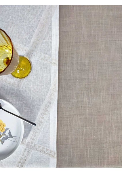 Kahverengi Polyester Masa ÖRTÜSÜ(145*225 Cm) ve Ekru Jakarlı Polyester RUNNER(39*142 Cm)(Mset)