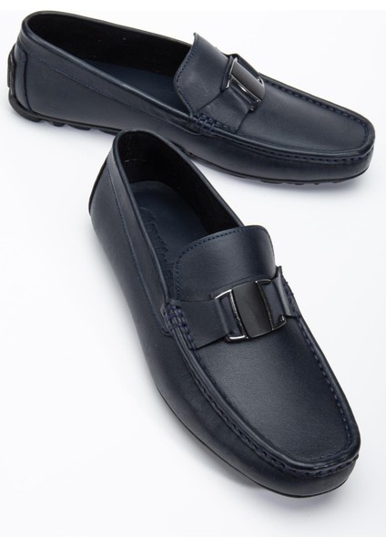 Hakiki Deri Erkek Günlük Loafer Ayakkabı Lacivert Metal Tokalı