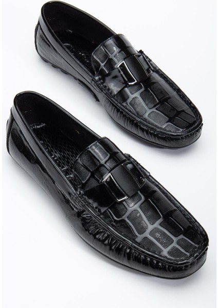 Hakiki Deri Erkek Günlük Loafer Ayakkabı Siyah Rugan Metal Tokalı