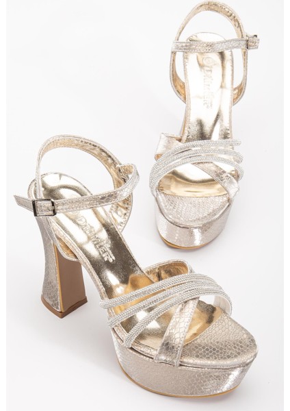 Çapraz Taşlı 40MM Gold Kadın Platform Topuklu Abiye Ayakkabı