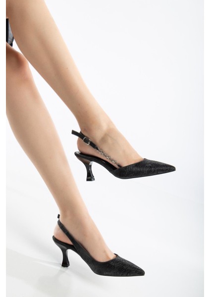 Kadın Topuklu Abiye Ayakkabı Siyah Parlak Taşlı Zincir Aksesuarlı