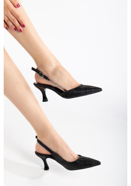 Kadın Topuklu Abiye Ayakkabı Siyah Parlak Taşlı Zincir Aksesuarlı fırsatları