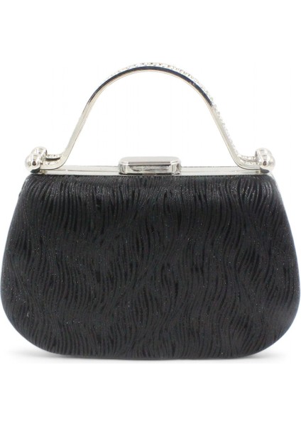 064 746 Siyah Dalgalı Abiye Çanta Clutch Gece Çantası