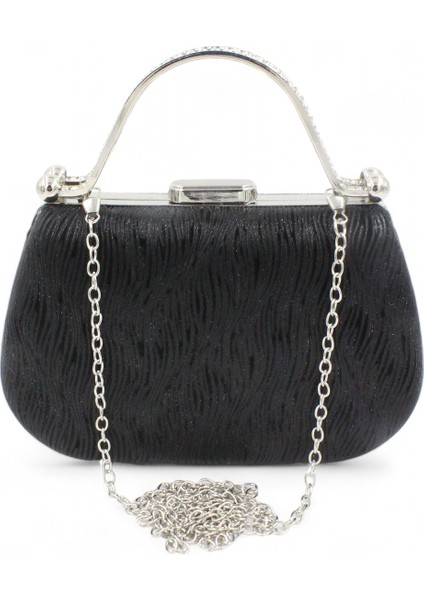 064 746 Siyah Dalgalı Abiye Çanta Clutch Gece Çantası