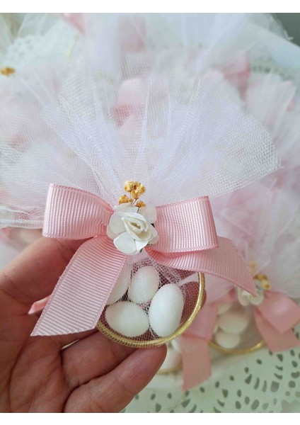 Pembe Gül Detaylı Halka Süsleme Bebek Hediyelik,nikah,nişan 20 Adet