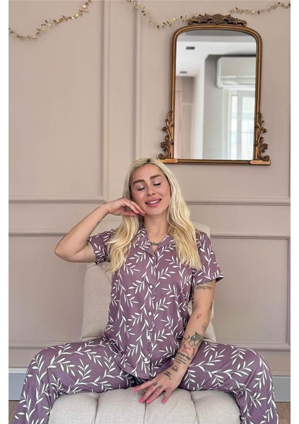 Mor Zeytin Dalı Desenli Örme Önden Düğmeli Kısa Kol Kadın Pijama fiyatları