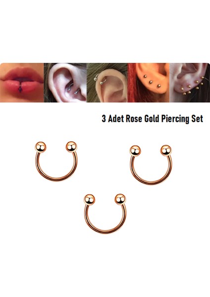 316L Cerrahi Çelik, 6 mm Çap, 3 mm Toplu, 3 Adet Rose Gold Kaplama Septum Piercing Set, Kaş, Dudak, Burun, Kulak Kullanımına Uygundur