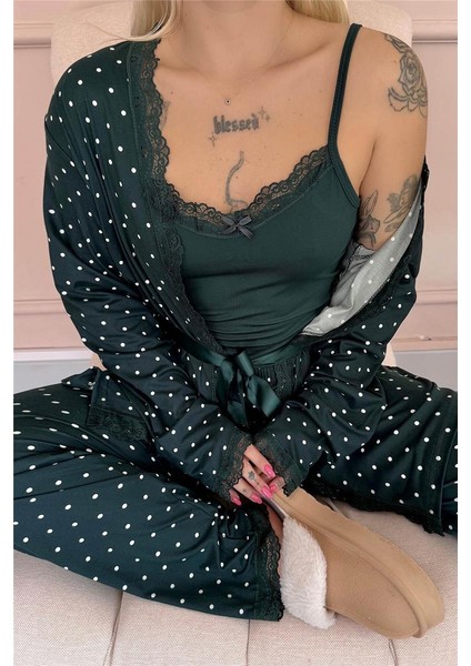 Zümrüt Mini Puan Desenli Bambu Sabahlıklı Kadın Pijama Takımı