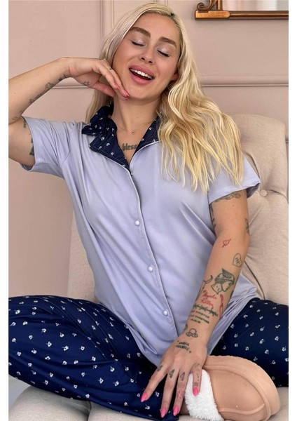 Lila Minifloral Exclusive Önden Düğmeli Kadın Pijama Takımı