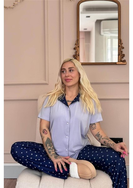 Lila Minifloral Exclusive Önden Düğmeli Kadın Pijama Takımı fırsatları