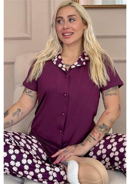 Mor Daisy Exclusive Önden Düğmeli Kadın Pijama Takım