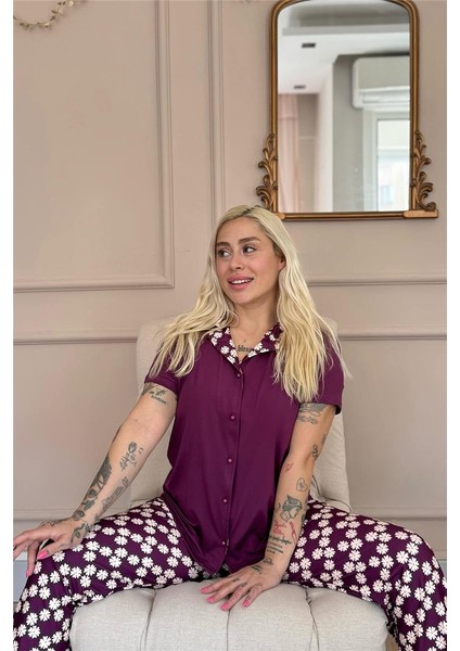 Mor Daisy Exclusive Önden Düğmeli Kadın Pijama Takım modelleri