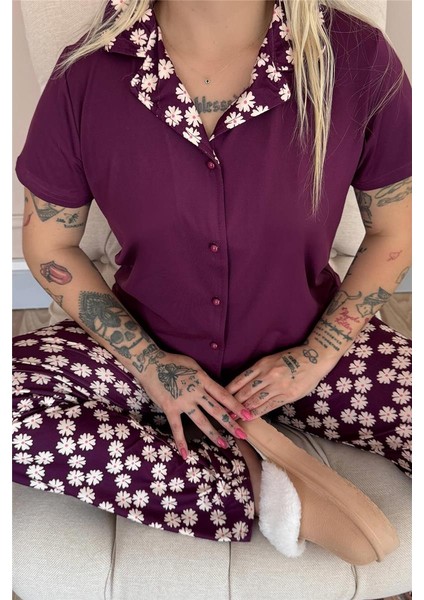 Mor Daisy Exclusive Önden Düğmeli Kadın Pijama Takım indirimleri