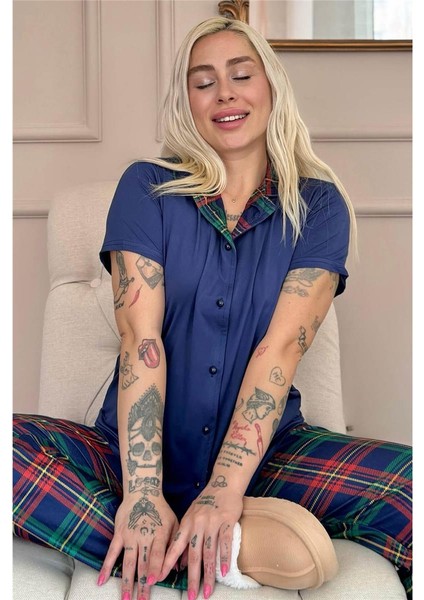 Navy Tartan Exclusive Önden Düğmeli Kadın Pijama Takımı