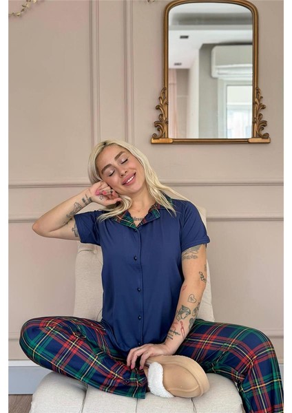Navy Tartan Exclusive Önden Düğmeli Kadın Pijama Takımı fiyatları