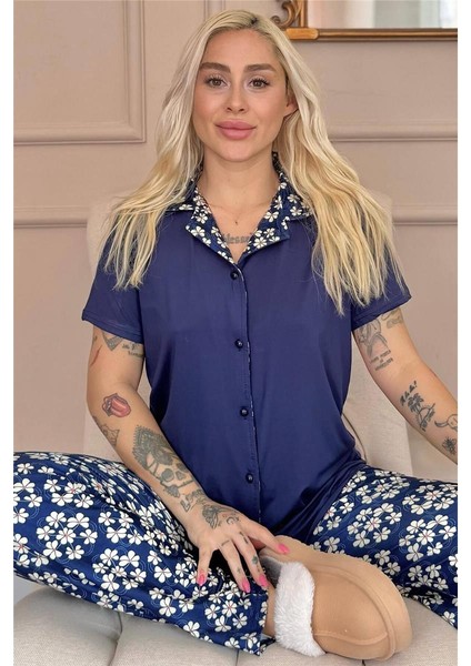 Lacivert Blossom Exclusive Önden Düğmeli Kadın Pijama Takımı