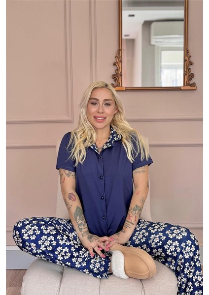 Lacivert Blossom Exclusive Önden Düğmeli Kadın Pijama Takımı fiyatları