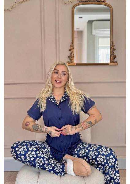 Lacivert Blossom Exclusive Önden Düğmeli Kadın Pijama Takımı modelleri