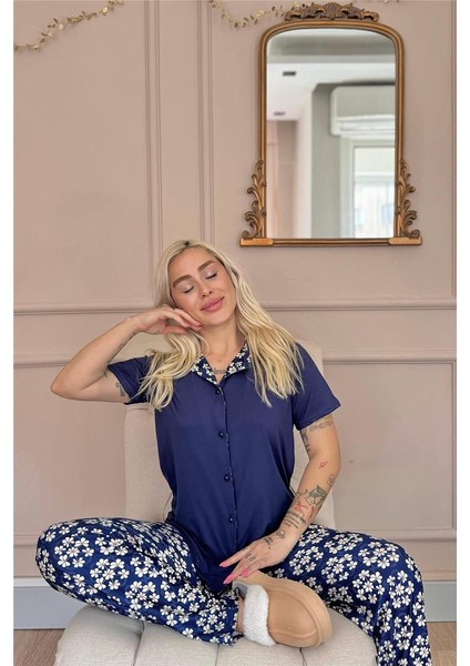 Lacivert Blossom Exclusive Önden Düğmeli Kadın Pijama Takımı fırsatları