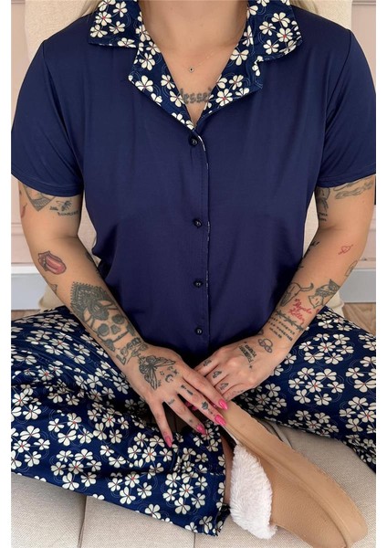 Lacivert Blossom Exclusive Önden Düğmeli Kadın Pijama Takımı indirimleri