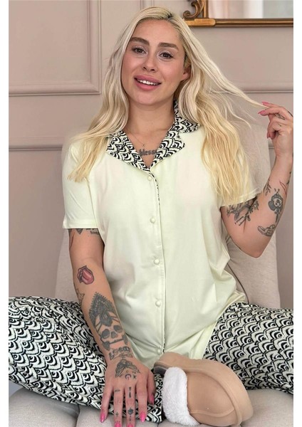 Soft Lemon Wave Exclusive Önden Düğmeli Kadın Pijama Takımı