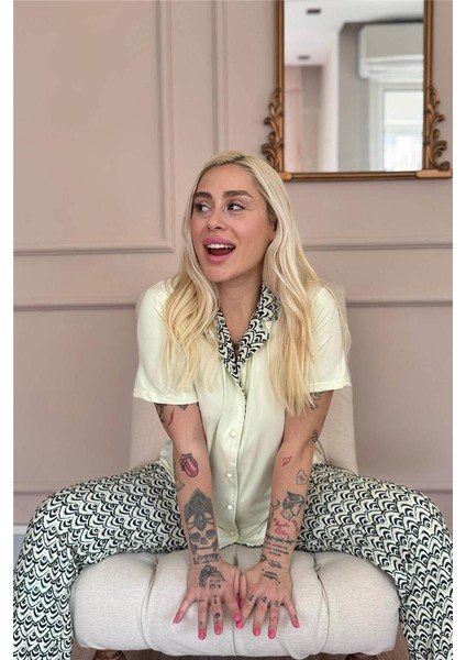 Soft Lemon Wave Exclusive Önden Düğmeli Kadın Pijama Takımı modelleri