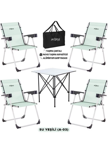 4 Adet Katlanır Kamp Sandalyesi ve Alüminyum Masa Seti - Rock Silver - Su Yeşili - Taşıma Çantalı
