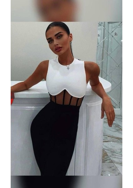 Kadın Bisiklet Yaka Kolsuz Çift Renk ve Bel Transparan Korse Detay Midi Boy Elbise