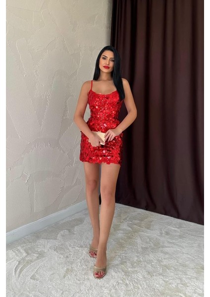 Kırmızı Payetli Askılı Elbise
