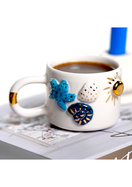 24K Altın Süslemeli Okyanus Temalı El Yapımı Seramik Mug