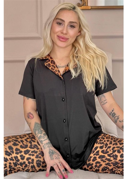 Siyah Leopard Luxe Exclusive Önden Düğmeli Kadın Pijama Takımı