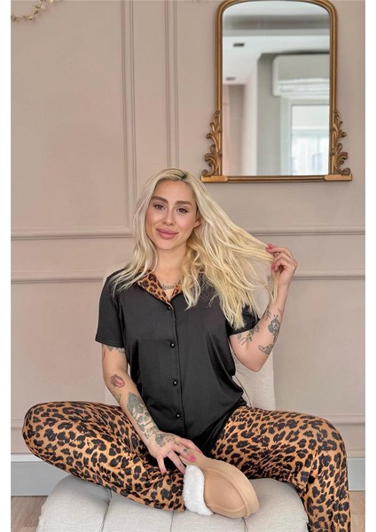 Siyah Leopard Luxe Exclusive Önden Düğmeli Kadın Pijama Takımı fiyatları