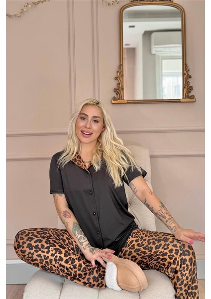 Siyah Leopard Luxe Exclusive Önden Düğmeli Kadın Pijama Takımı modelleri
