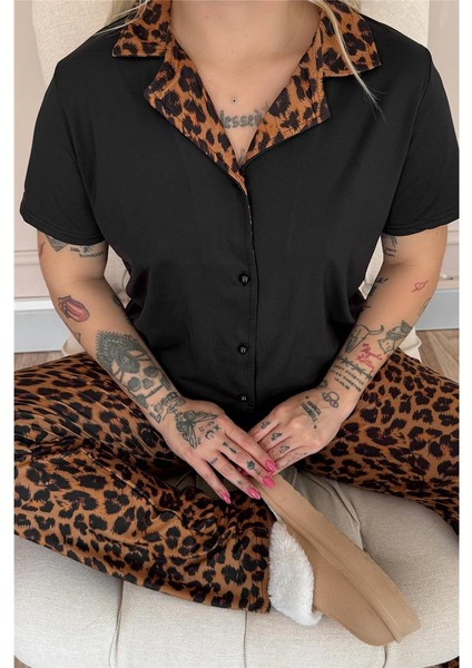 Siyah Leopard Luxe Exclusive Önden Düğmeli Kadın Pijama Takımı indirimleri