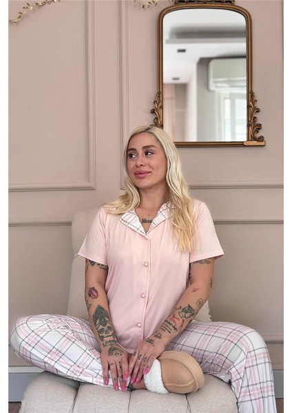 Pudra Soft Check Exclusive Önden Düğmeli Kadın Pijama Takımı fiyatları