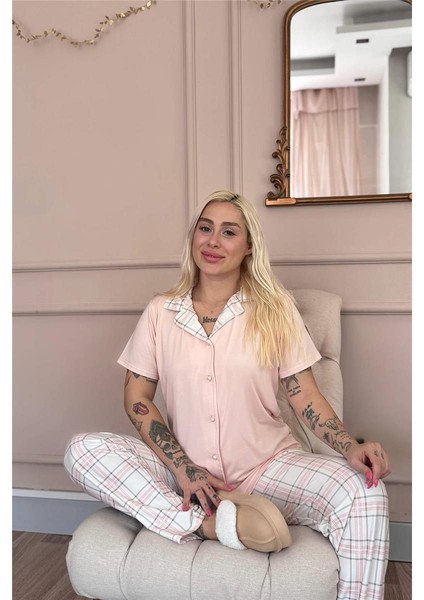 Pudra Soft Check Exclusive Önden Düğmeli Kadın Pijama Takımı modelleri