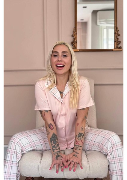 Pudra Soft Check Exclusive Önden Düğmeli Kadın Pijama Takımı fırsatları