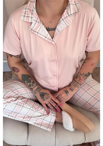 Pudra Soft Check Exclusive Önden Düğmeli Kadın Pijama Takımı indirimleri