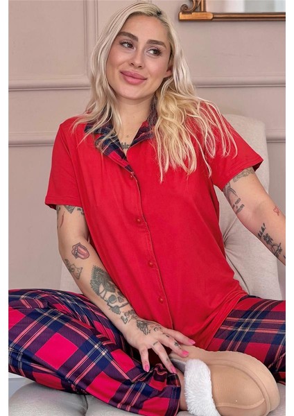 Kırmızı Tartan Exclusive Önden Düğmeli Kadın Pijama Takımı