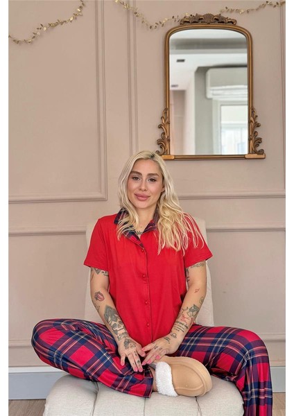 Kırmızı Tartan Exclusive Önden Düğmeli Kadın Pijama Takımı fiyatları