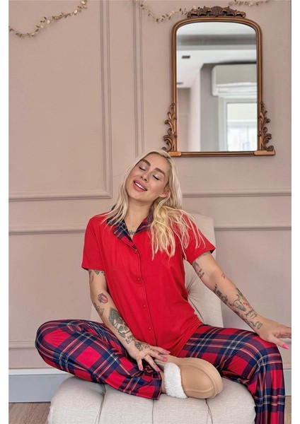 Kırmızı Tartan Exclusive Önden Düğmeli Kadın Pijama Takımı modelleri