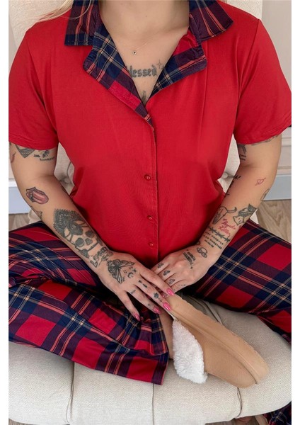 Kırmızı Tartan Exclusive Önden Düğmeli Kadın Pijama Takımı indirimleri