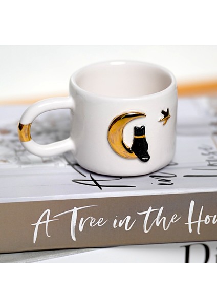 24K Altın Süslemeli Ay ve Kedi Temalı El Yapımı Seramik Mug