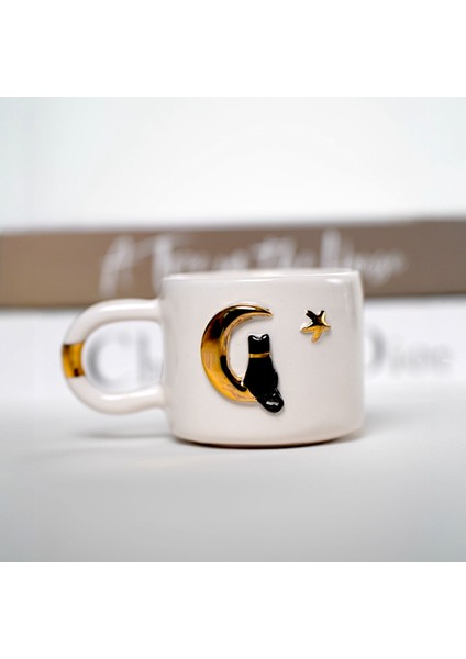 24K Altın Süslemeli Ay ve Kedi Temalı El Yapımı Seramik Mug