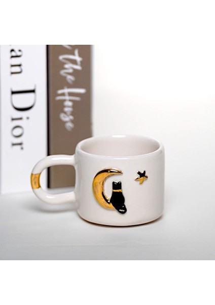 24K Altın Süslemeli Ay ve Kedi Temalı El Yapımı Seramik Mug