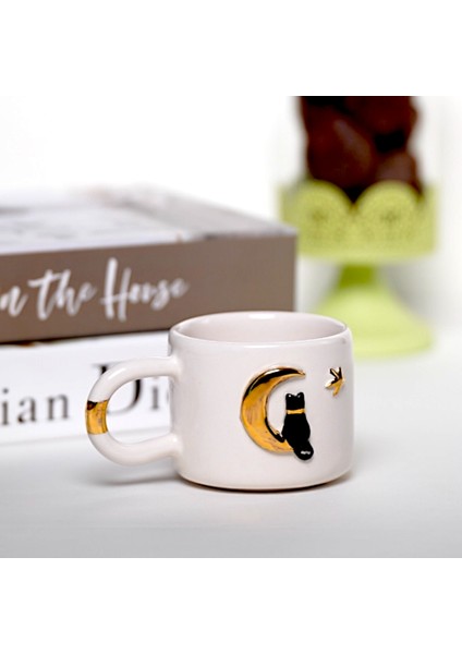 24K Altın Süslemeli Ay ve Kedi Temalı El Yapımı Seramik Mug