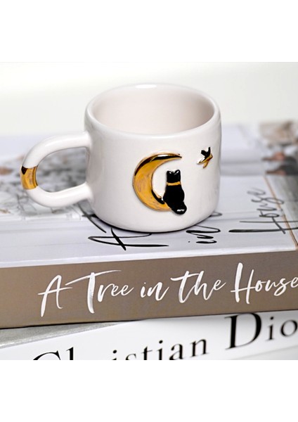 24K Altın Süslemeli Ay ve Kedi Temalı El Yapımı Seramik Mug